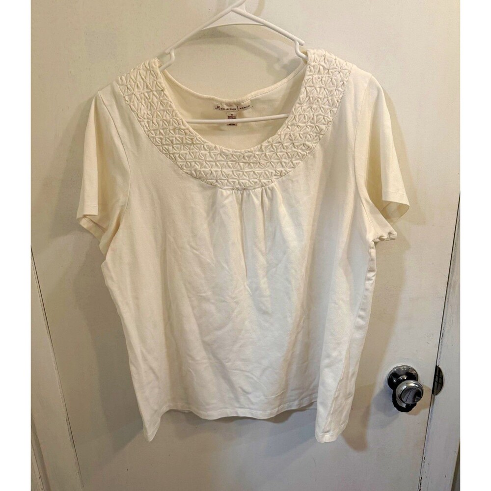 JM Collection Women's 1X White Knit Top Smocked Yoke Round Neck Stretch